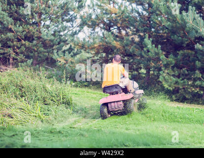 Frisch geschnittenes Gras fliegen von reitrasenmähmaschine Person schneiden lange grüne Gras mit einem reiten Rasen Stockfoto