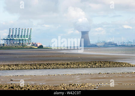 Doel Kernkraftwerk Kühltürme mit der Industrie an der Wasserstraße der Westerschelde in Walcheren, Zeeland, Niederlande Stockfoto