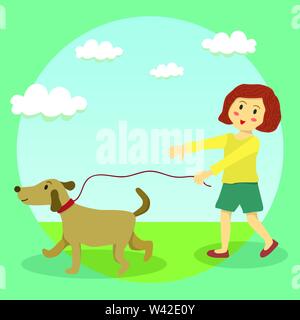 Süße kleine Mädchen tun Hund - zu Fuß an einem sonnigen Tag im Garten Stock Vektor