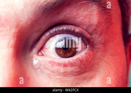 Close-up Braunes Auge von einem Mann mit einer Träne. Menschen, Emotionen Konzept Stockfoto