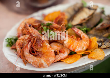 Verschiedene Arten von Sea Food Gerichte in Platten auf dem Tisch Stockfoto