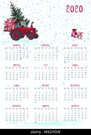 2020 Kalender Planer rot weihnachten mit Traktor, Tannenbaum und celebrateted Geschenke. Xmas Theme Woche beginnt am Montag. Russische Sprache Texte. Sca Stock Vektor