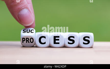 Hand, dreht sich ein Würfel und Änderungen das Wort "Prozess" zum Erfolg". Stockfoto