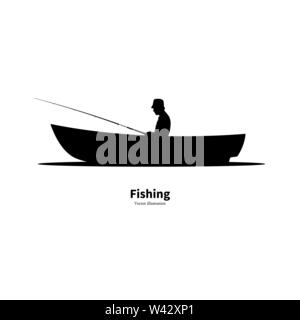 Schwarze Silhouette der ein Fischer in einem Boot sitzen Stock Vektor