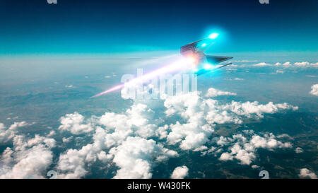 Raumschiff reisen in die Wolken. Ufo rast mit hoher Geschwindigkeit in der irdischen Himmel. 3D-Rendering Stockfoto