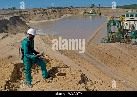 Verwaltung und Transport von mineralischen Sanden aus Titan am Standort der Mine. Bergbau mit Träumen, die Sand aus Wasserteichen und Landvermessungsdünenhöhen pumpen. Stockfoto