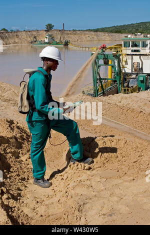 Verwaltung und Transport von mineralischen Sanden aus Titan am Standort der Mine. Bergbau mit Träumen, die Sand aus Wasserteichen und Landvermessungsdünenhöhen pumpen. Stockfoto