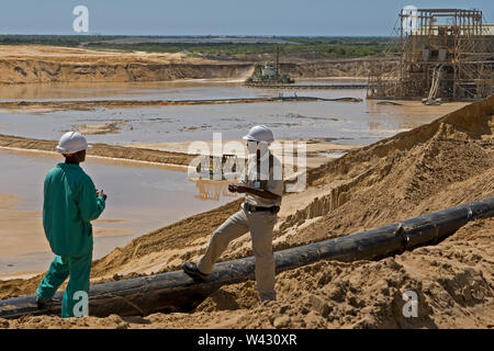 Verwaltung und Transport von mineralischen Sanden aus Titan am Standort der Mine. Bergbau mit Teggen, die Sand aus dem Wasserteich pumpen, und Aufsichtsperson, die neuen Arbeiter ausbilden. Stockfoto