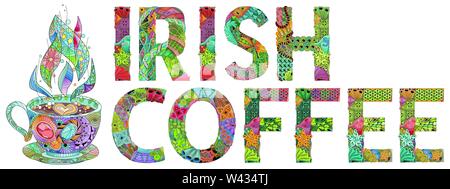 Handgemalte Kunst Design. Hand gezeichnet Abbildung Worte Irish Coffee mit cup Silhouette für t-shirt und andere Dekoration Stock Vektor