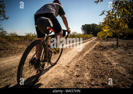 Ein Mann, der eine "Kies bike" entlang einer glatten Straße, obwohl eine Plantage von Mandelbäumen. Stockfoto