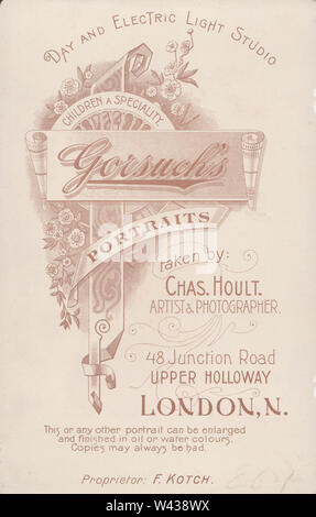 Viktorianische Werbung CDV (Carte de Visite) zeigen die Illustration und Kalligraphie von gorsuch (Chas Hoult) Künstler und Fotograf, 48 Junction Road, Obere Holloway, London. Stockfoto