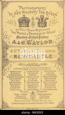 Viktorianische Werbung CDV (Carte de Visite) zeigen die Illustration und Kalligraphie von A&G. Taylor, 4 St Nicholas Gebäude, Newcastle. Stockfoto