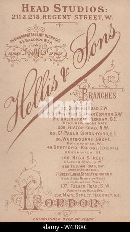 Viktorianische Werbung CDV (Carte de Visite) zeigen die Illustration und Kalligraphie von Hellis & Söhne, Head Studios, 211 & 213 Regent Street, London. Stockfoto
