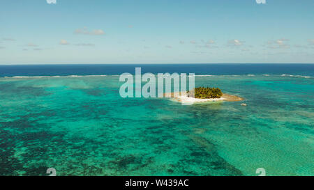 Meereslandschaft mit schönen Strand und die tropische Insel mit Palmen von Coral Reef von oben. Guyam Island, Philippinen, Siargao. Sommer und Reisen Urlaub Begriff Stockfoto