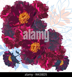 Schöne Zusammenfassung Strauß rosa Pfingstrosen mit Blättern auf weißem Hintergrund Stockfoto