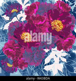 Muster der rosa Pfingstrosen auf abstrakten blauen Hintergrund mit Blättern Stockfoto