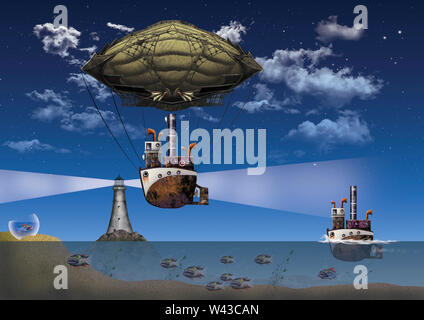 Alle auf See. Kugelfische, die "Dampf" auf hoher See in verschiedenen Situationen. Dieser zeigt ein "Puffer" zu einem "Luftschiff" Stockfoto