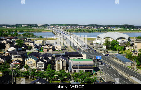 Sakata, Japan - 19. Mai 2017. Luftaufnahme von Sakata Stadt in Tohoku, Japan. Sakata Stadt dank einer blühenden Saflor Handel während der Edo blühte Stockfoto