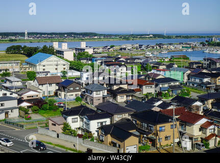 Sakata, Japan - 19. Mai 2017. Luftaufnahme von Sakata Stadt in Tohoku, Japan. Sakata ist eine Stadt in der Präfektur Yamagata befindet sich in der Region Tohoku. Stockfoto