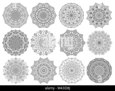 Mandalas zum Ausmalen. Farbe Seiten einrichten. Dekorative Runde Verzierungen. Anti-stress-Therapie Muster. Webart Design Elemente. Yoga, Logos, Hintergründe Stock Vektor