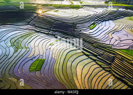 Wasser auf den Terrassen in der Nähe von Sapa, Lao Cai, Vietnam gleichen Weltkulturerbe Ifugao Reisterrassen in Batad, Northern Luzon, Philippinen. Stockfoto