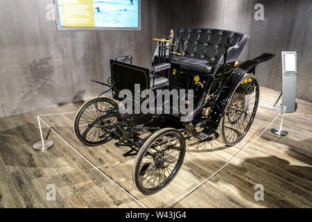 Vom 7. Juli 2019 - Museum EFA Mobile Zeiten in Amerang: Benz Velo-kutschenanhänger 1894 - 1902. Retro Auto, Oldtimer Stockfoto