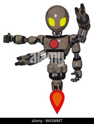 Mech Elemente enthalten: grau Alien style Kopf, gelbe Augen, Licht Brust exoshielding, rote Brust drücken, minigun zurück Montage, Jet Propulsion. Stockfoto
