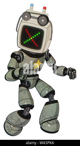 Bot, die Elemente enthalten: alte Computer Monitor, farbige x Display, alte Computer Magnetband, Licht Brust exoshielding, gelber Stern, Licht Bein... Stockfoto