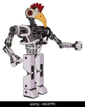 Roboter, die Elemente enthalten: Vogel Schädel Kopf, rote led Kreis Augen, Huhn Design, schwere obere Brust, keine Brust plating, Prototyp exoplate Beine. Stockfoto