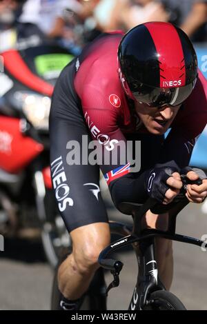 Geraint Thomas Britische pro Radfahrer von Team Ineos konkurrieren auf Dieverbleibende Zeit Versuch Etappe der Tour de France 2019 Stockfoto