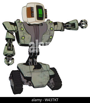 Bot, die Elemente enthalten: alte Computer Monitor, pixel Ausrufezeichen alert Gesicht, alten retro Lautsprecher, schwere obere Brust, schwere mech Brust, grün... Stockfoto