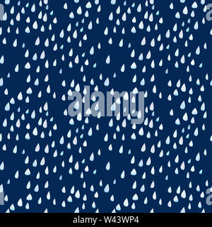 Nahtlose Muster mit großen Regentropfen. Weiß-Blau cartoon Regen auf einem dunklen Abend Himmel Hintergrund. Weich abgerundete Formen mit aquarell papier Textur. Ch Stockfoto