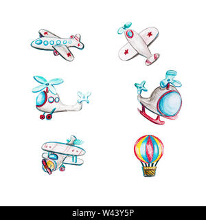 Kinder- Aquarell set mit Hubschraubern. Aquarell Illustrationen mit isolierten Flugzeug, Hubschrauber, Flugzeuge auf weißem Hintergrund. Helle Streifen Stockfoto