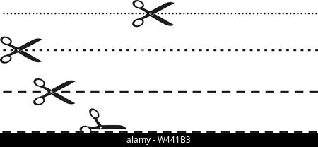 Einfache flache schwarze und weiße Schere und gepunktete oder gestrichelte Perforationslinie Symbol Vektor illustration Stock Vektor