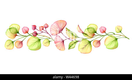 Transparente Blumenschmuck Handgemalten Aquarell Grenze von Beeren, Blätter, Zweige in Pastell rosa, grün orange red Coral botanische Stockfoto