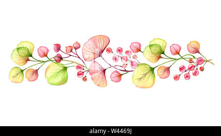 Aquarell transparente Blumenschmuck auf weißer Rand von Beeren, Blätter isoliert, Niederlassungen in Pastell rosa, grün orange red Coral botanische Stockfoto