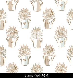 Blumen in Gießkannen beige Farben nahtlose Vektor Muster. Stock Vektor