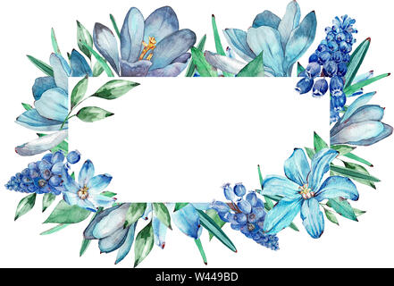 Aquarell von blauen Blumen auf weißem Hintergrund. Stockfoto