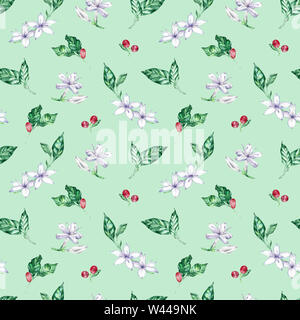 Aquarell nahtlose Muster mit Kaffee Blumen, Beeren und Blätter. Handgezeichneten Illustrationen. Stockfoto