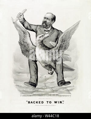 "Gesichert zu gewinnen', Cartoon, James A. Garfield reiten auf dem Rücken des Adlers und halten sie einen Bildlauf nach oben durch, "republikanische Nominierung' über dem Weißen Haus, Lithographie, Currier & Ives, 1880 Stockfoto