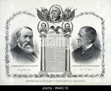 Republikanische Plattform- und Präsidentschaftswahlen nominierten Präsidentschaftskandidaten Benjamin Harrison und Vizepräsidentenanwärter Levi S. Morton, durch Siegel Cooper & Co. 1888 veröffentlicht. Stockfoto