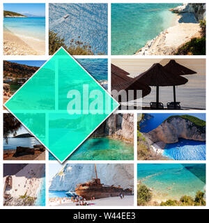 Collage Fotos Insel Zakynthos - Griechenland, im 1:1 Format. Eine Perle des Mittelmeers mit Stränden und Küsten geeignet für einen unvergesslichen Urlaub am Meer Stockfoto