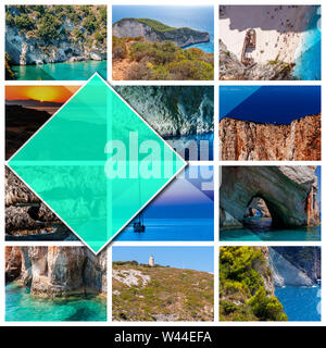 Collage Fotos Insel Zakynthos - Griechenland, im 1:1 Format. Eine Perle des Mittelmeers mit Stränden und Küsten geeignet für einen unvergesslichen Urlaub am Meer Stockfoto