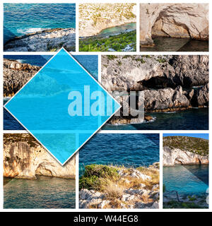 Collage Fotos Insel Zakynthos - Griechenland, im 1:1 Format. Eine Perle des Mittelmeers mit Stränden und Küsten geeignet für einen unvergesslichen Urlaub am Meer Stockfoto