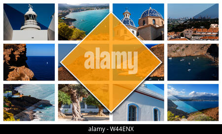 Collage Fotos von Altea, Spanien, im 16:9 Format. Die Stadt an der Mittelmeerküste der weißen Küste, ein Reiseziel in Spanien. Stockfoto