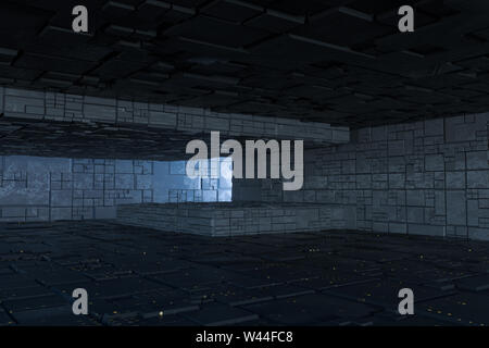 Dunkle Ruinen mit Stromkreis Struktur Wand sci-fi Architektur Hintergrund, 3D-Rendering. Computer digitale Zeichnung. Stockfoto