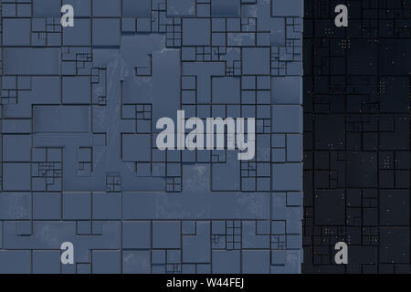 Dunkle Ruinen mit Stromkreis Struktur Wand sci-fi Architektur Hintergrund, 3D-Rendering. Computer digitale Zeichnung. Stockfoto