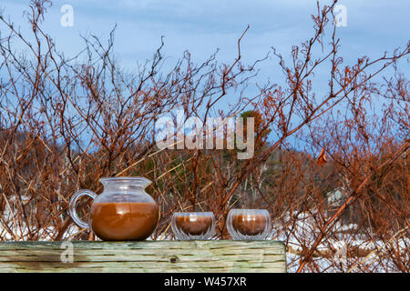 Eine Nahaufnahme chaga chai latte in einer Glaskanne, draußen gegen Äste mit Kopie Raum, eine organische Brauen von Pilzen und Kakao, die reich an Antioxidantien Stockfoto