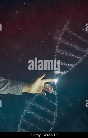 Nahaufnahme der menschlichen DNA-Molekül zu berühren. Nebel Staub im unendlichen Raum. Mixed Media. Stockfoto