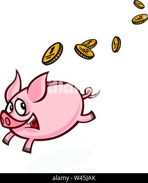 Sparschwein mit Münzen. Vektor flachbild Abbildung eines laufenden Schwein. Das Bild ist auf weißem Hintergrund. Bereit für den Druck, das Web und Animation. Eine niedliche Stock Vektor